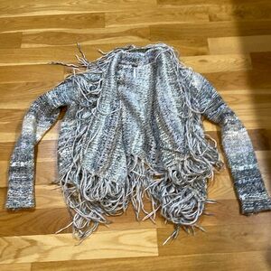 Free People knit sweater sage green, tan, gray and ivory fringed size S